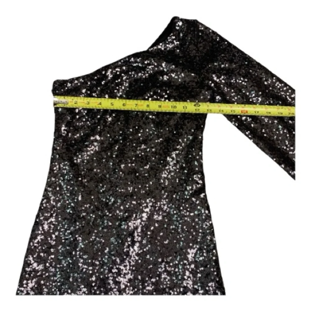 Hello Molly One Shoulder Sequin Black Mini Party Dress Bodycon Cocktail Size Med - Picture 7 of 12